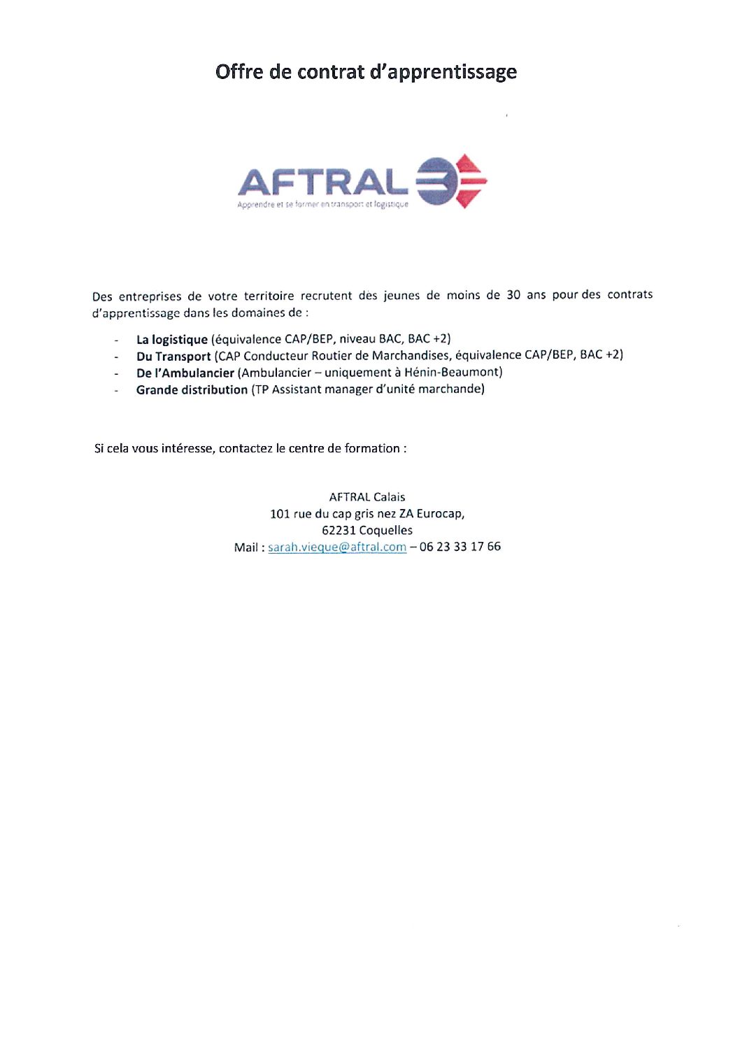 OFFRE DE CONTRAT D’APPRENTISSAGE